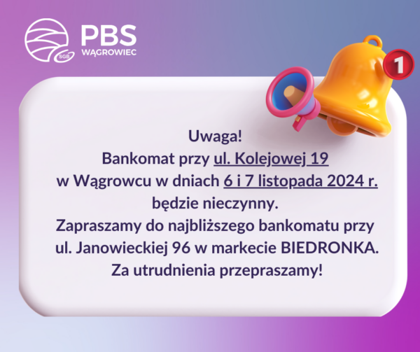 Niedostępność bankomatu przy ul. Kolejowej 19 w Wągrowcu