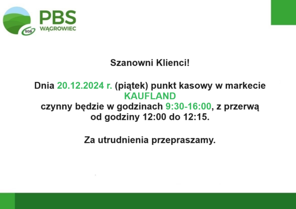 Zmiana godzin pracy punktu kasowego Kaufland w dniu 20.12.2024 r.