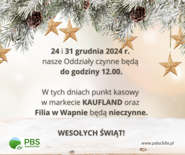 Godziny pracy Banku oraz realizacja zleceń płatniczych w okresie świątecznym