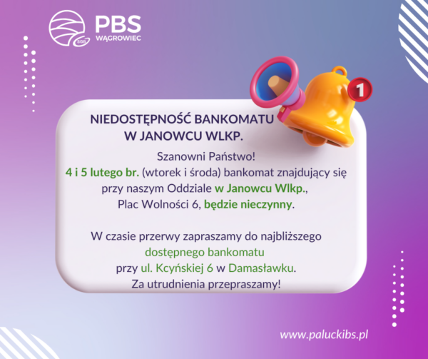 Niedostępność bankomatu w Janowcu Wlkp. 4 i 5 luty 2025 r.