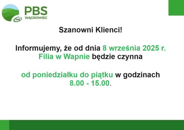 Uwaga! Filia w Wapnie znowu czynna od poniedziałku do piątku.