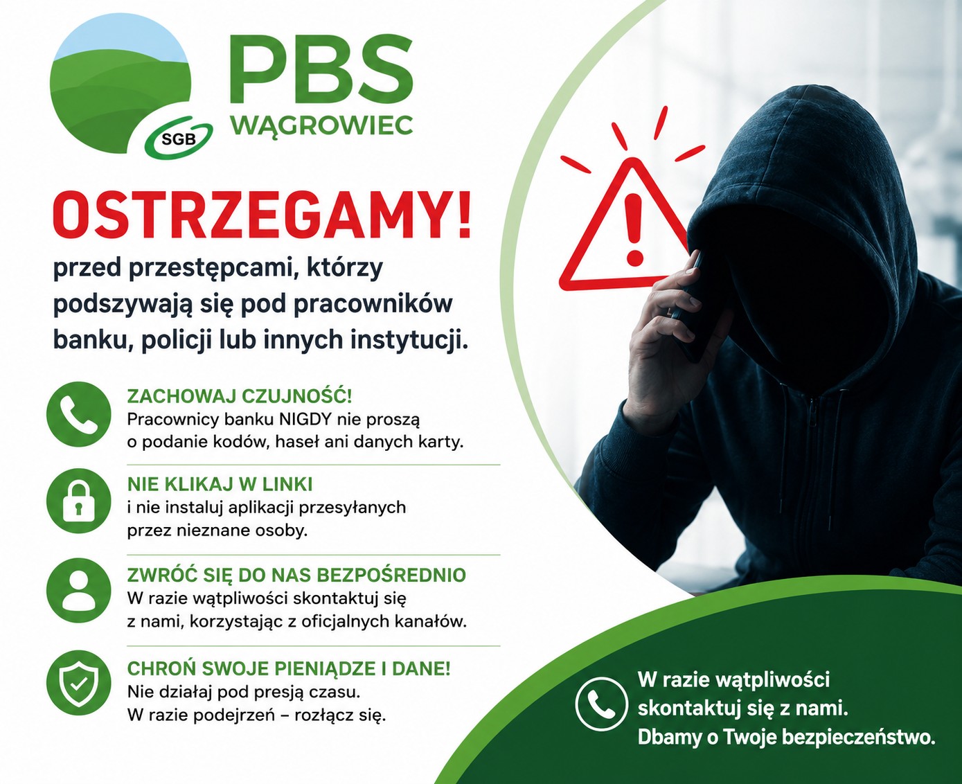 Uważaj na oszustów podszywających się pod pracowników banku.