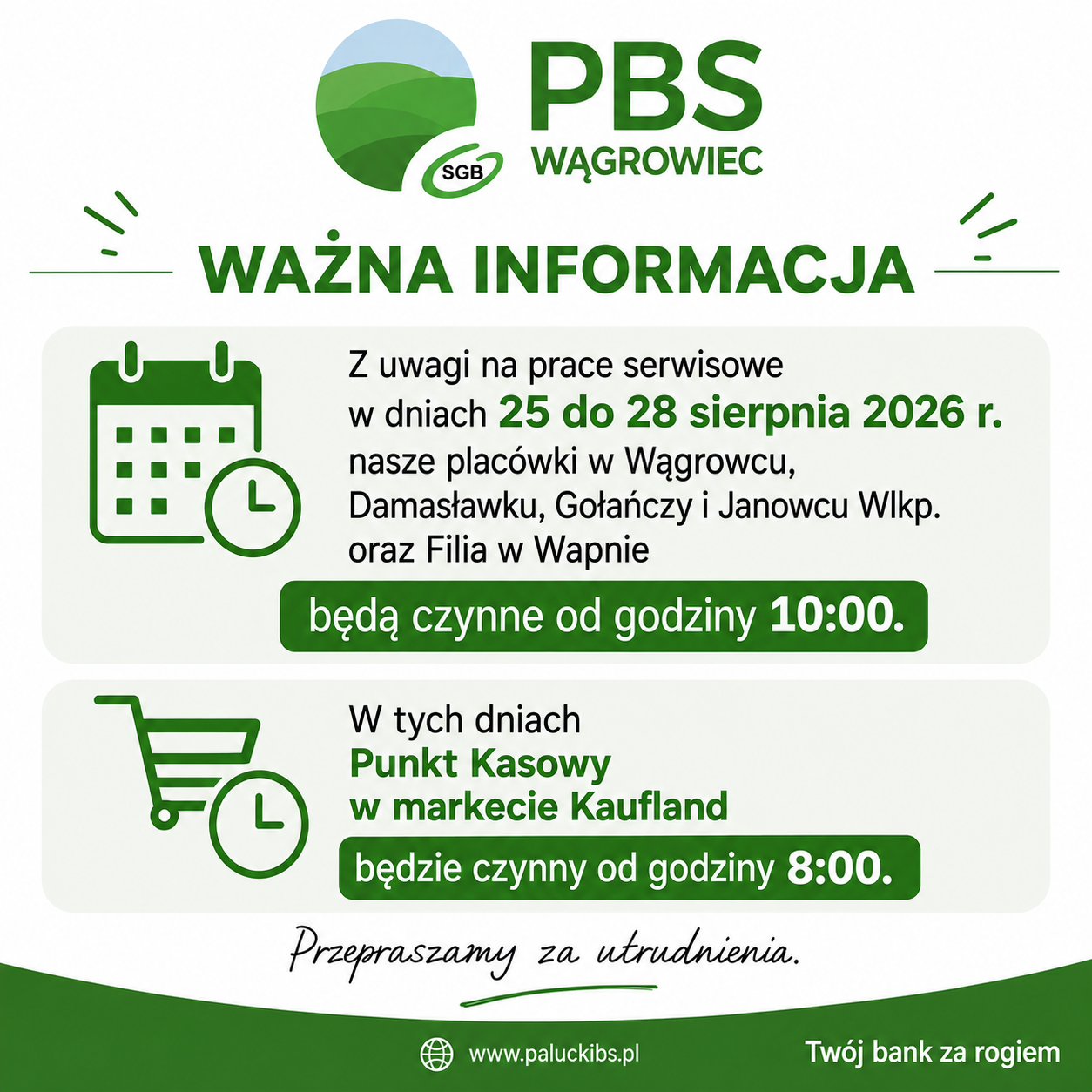 Informacja dotycząca pracy w dniach 25 do 28 sierpnia 2026 r.